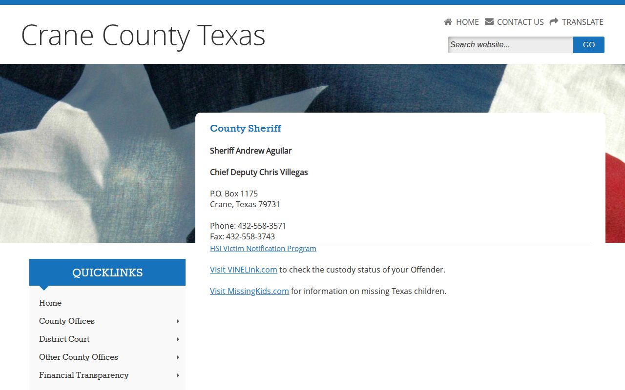 Crane County released mugshot source and sheriff contact page