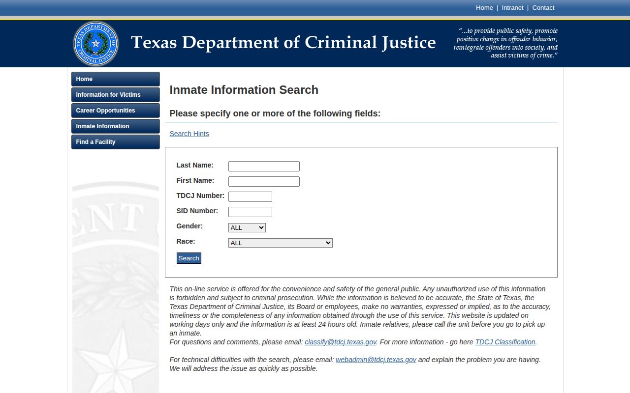 TDCJ offender search fields for name, TDCJ number and SID