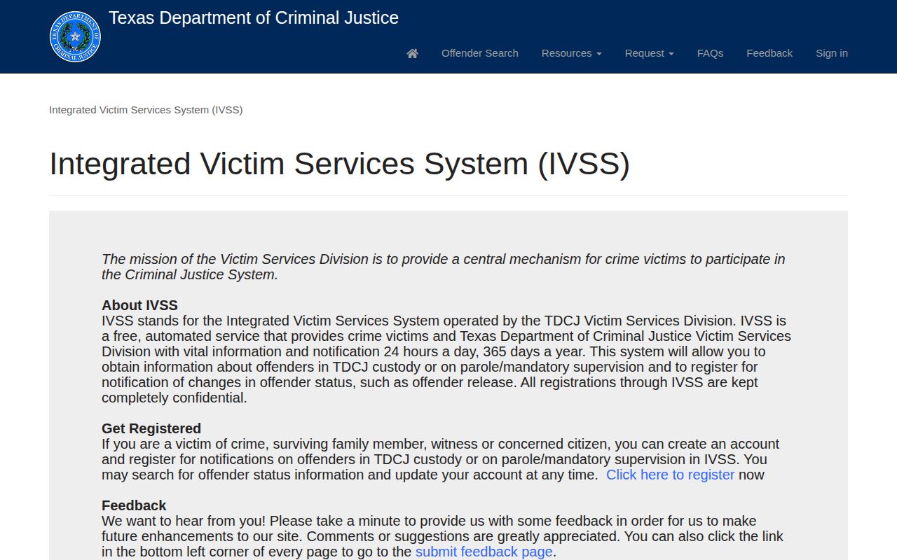Crane County state-prison release notifications through TDCJ IVSS